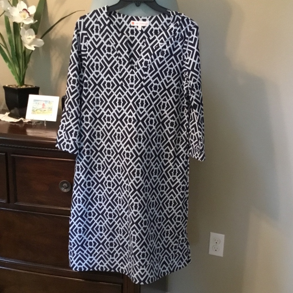 Jude Connally-EUC-Navy and White Lattice Long Sleeve Dress